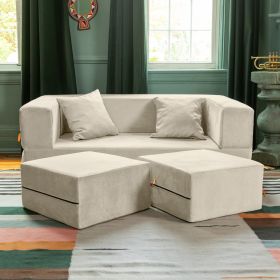 Jaxx Zipline Convertible Sleeper Loveseat & Ottomans, Textured Microvelvet - Ivory