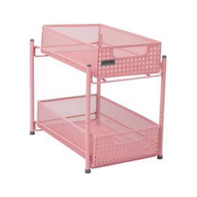 2-Tier Metal Mesh Heavy Duty Organizer Slide Out Basket Drawer For Kitchen, Bathroom, Office Desk, Pink