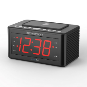 Emerson SmartSet Wireless Charging, Dual Alarm Clock Radio, 1.4' Red LED Display, Temperature Sensor, CKSW0555