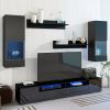 ON-TREND Extended, Minimalist Style 7 Pieces Floating TV Stand Set, High Gloss Wall Mounted Entertainment Center with 16-color LED Light Strips for 90