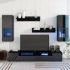 ON-TREND Extended, Minimalist Style 7 Pieces Floating TV Stand Set, High Gloss Wall Mounted Entertainment Center with 16-color LED Light Strips for 90