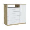 Peru 4 Drawer Dresser, Single Door Cabinet, One Open Shelf, Superior Top -Light Oak / White