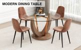 A modern minimalist round tempered glass dining table with a diameter of 48 inches. Glass desktop+MDF wood grain table legs and base. A set of 4 cushi