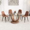 A modern minimalist round tempered glass dining table with a diameter of 48 inches. Glass desktop+MDF wood grain table legs and base. A set of 4 cushi