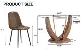 A modern minimalist round tempered glass dining table with a diameter of 48 inches. Glass desktop+MDF wood grain table legs and base. A set of 4 cushi