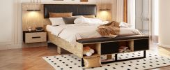 Queen Size Wood Platform Bed with Upholstered Headboard, Lights and Storage Nightstand, Bench, White