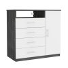 Peru 4 Drawer Dresser, Single Door Cabinet, One Open Shelf, Superior Top -Smokey Oak / White