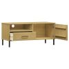 TV Stand with Metal Legs Brown Solid Wood Pine OSLO