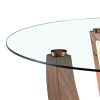 A modern minimalist round tempered glass dining table with a diameter of 48 inches. Glass desktop+MDF wood grain table legs and base. A set of 4 cushi