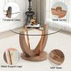 A modern minimalist round tempered glass dining table with a diameter of 48 inches. Glass desktop+MDF wood grain table legs and base. A set of 4 cushi