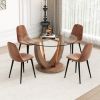 A modern minimalist round tempered glass dining table with a diameter of 48 inches. Glass desktop+MDF wood grain table legs and base. A set of 4 cushi