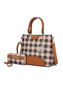 MKF Collection Gabriella Checkers Handbag with Wallet by Mia k (Color: Cognac Brown, Material: Polycarbonate)