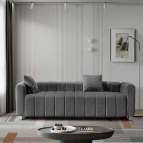 82*30" Modern Teddy Velvet Sofa,2-3 Seat Mid Century Indoor Couch, Exquisite Upholstered Loveseat with Striped Decoration for Living Room,Bedroom,Apar (Color: Gray)