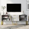 Modern TV Stand for TVs up to 75 Inches, Storage Cabinet with Drawers and Cabinets, Wood TV Console Table with Metal Legs and Handles for Living room